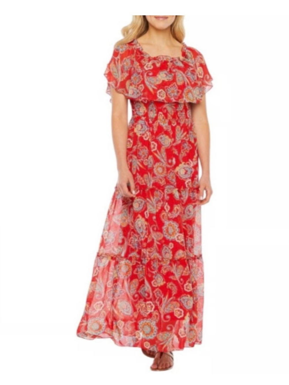 Rabbit Rabbit Red Paisley Floral Off-Shoulder Boho Chic Tiered Maxi Dress Sz 22W